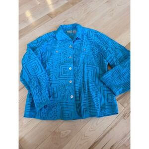 Chicos Turquoise Blue Burnout Geometric Button Down Shirt Jacket Womens Size 2
